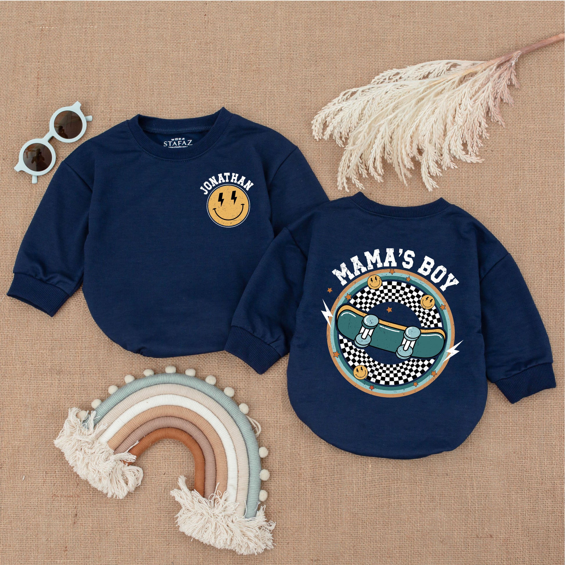 Mama's Boy Skateboard Baby Bubble Romper Outfit, Retro Baby Bodysuit with Fun Vintage Graphics, Cool Baby Boy Clothes Gift Set 130-140 Characters