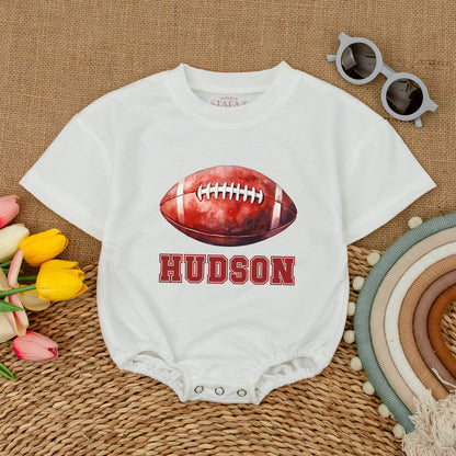 Personalized Hudson Football Baby Romper, Vintage Varsity Game Day Bodysuit, Custom Name Outfit, Classic Sporty Shower Gift, Red & White 135