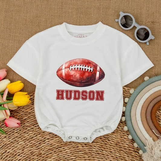 Personalized Hudson Football Baby Romper, Vintage Varsity Game Day Bodysuit, Custom Name Outfit, Classic Sporty Shower Gift, Red & White 135