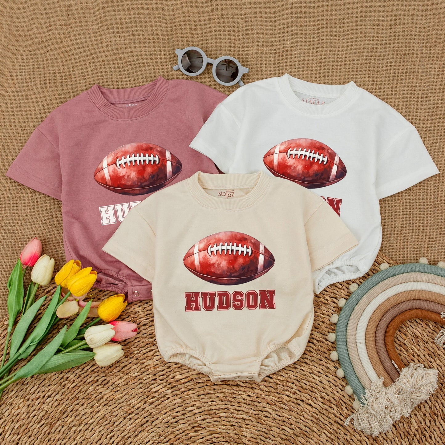 Personalized Hudson Football Baby Romper, Vintage Varsity Game Day Bodysuit, Custom Name Outfit, Classic Sporty Shower Gift, Red & White 135
