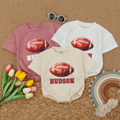 Personalized Hudson Football Baby Romper, Vintage Varsity Game Day Bodysuit, Custom Name Outfit, Classic Sporty Shower Gift, Red & White 135