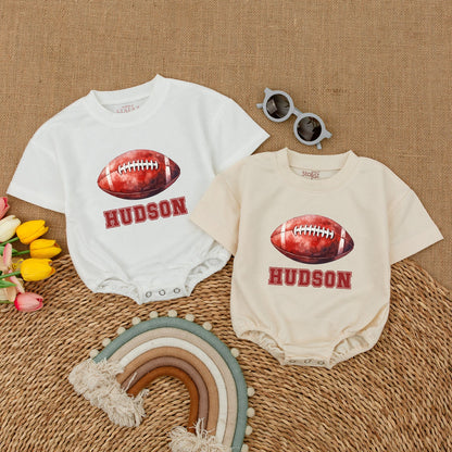 Personalized Hudson Football Baby Romper, Vintage Varsity Game Day Bodysuit, Custom Name Outfit, Classic Sporty Shower Gift, Red & White 135