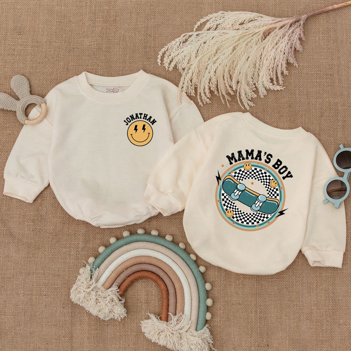 Mama's Boy Skateboard Baby Bubble Romper Outfit, Retro Baby Bodysuit with Fun Vintage Graphics, Cool Baby Boy Clothes Gift Set 130-140 Characters