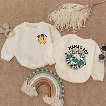 Mama's Boy Skateboard Baby Bubble Romper Outfit, Retro Baby Bodysuit with Fun Vintage Graphics, Cool Baby Boy Clothes Gift Set 130-140 Characters