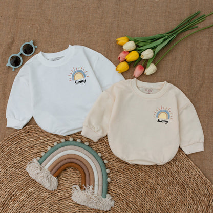 Custom Name Retro Sunshine Baby Romper Newborn Bubble Bodysuit Outfit Boho Little Sunshine Baby Shower Gift Cute Coming Home Soft Cotton Apparel