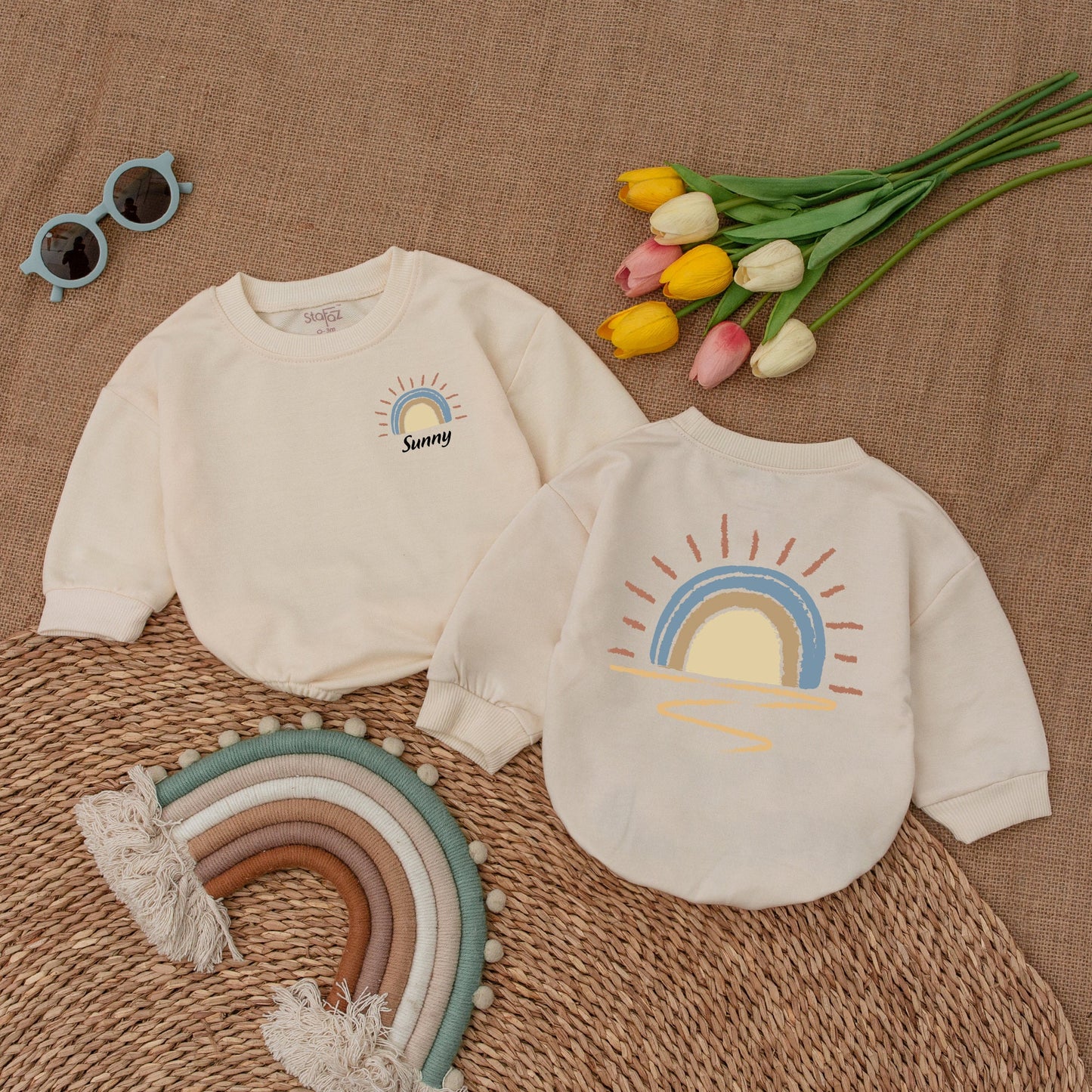 Custom Name Retro Sunshine Baby Romper Newborn Bubble Bodysuit Outfit Boho Little Sunshine Baby Shower Gift Cute Coming Home Soft Cotton Apparel