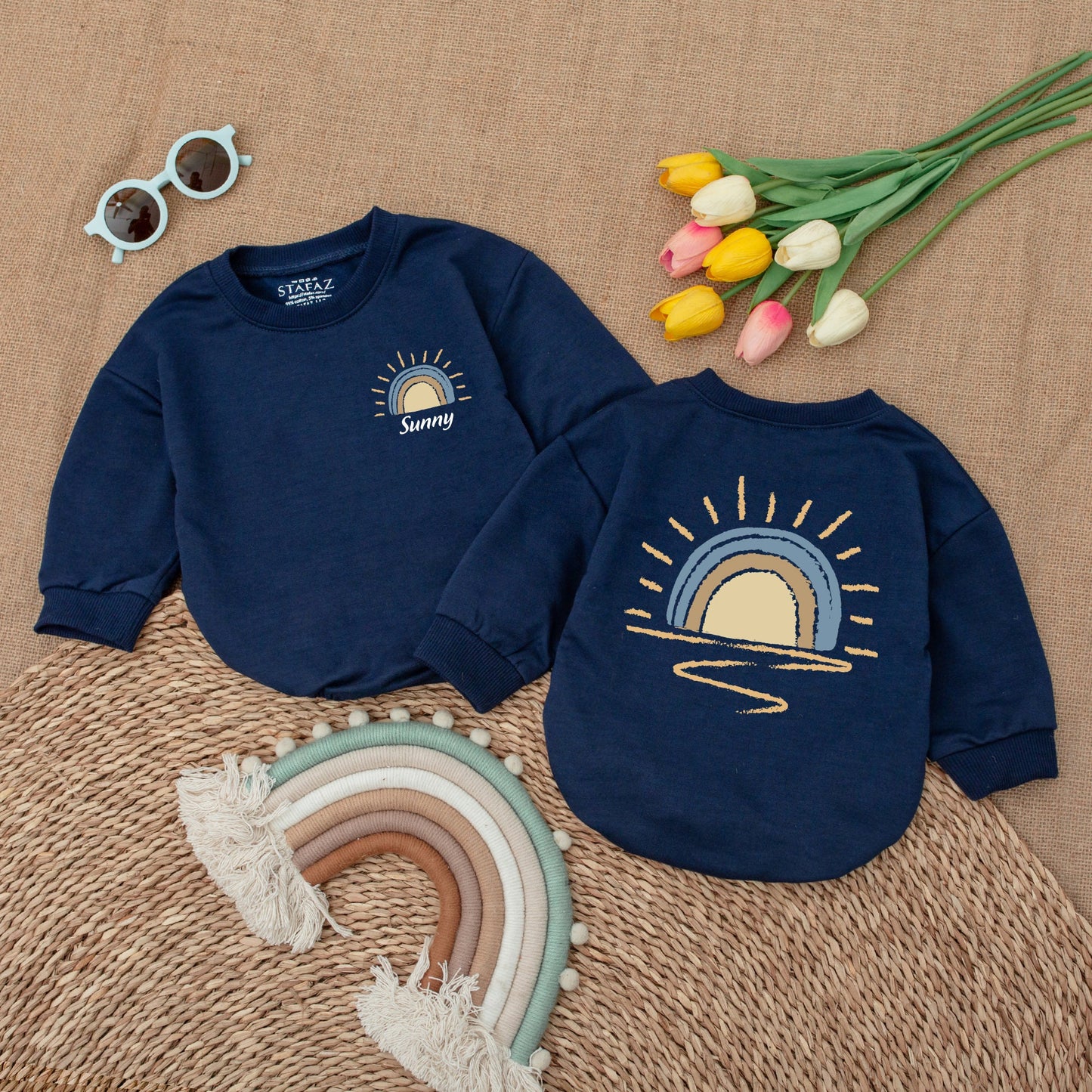 Custom Name Retro Sunshine Baby Romper Newborn Bubble Bodysuit Outfit Boho Little Sunshine Baby Shower Gift Cute Coming Home Soft Cotton Apparel