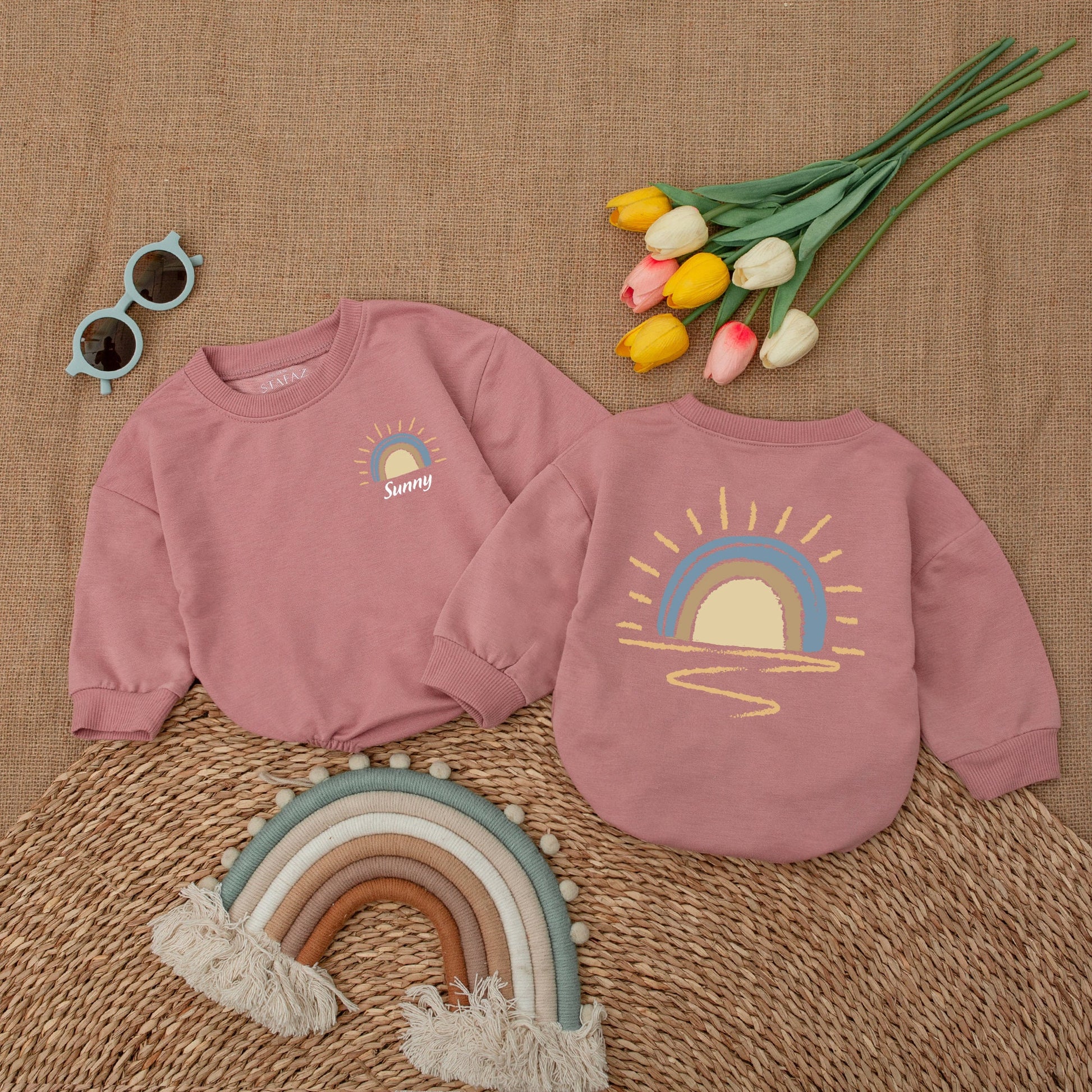 Custom Name Retro Sunshine Baby Romper Newborn Bubble Bodysuit Outfit Boho Little Sunshine Baby Shower Gift Cute Coming Home Soft Cotton Apparel