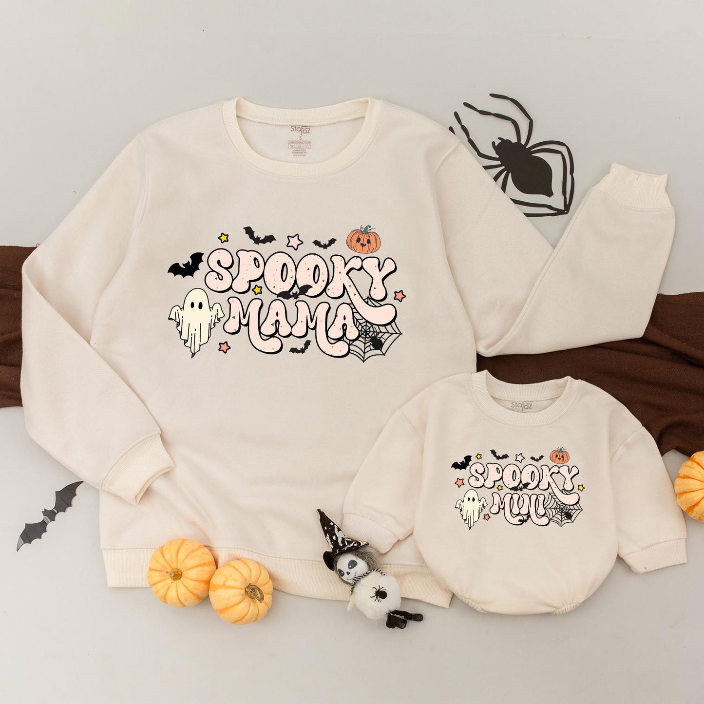 Spooky Mama & Mini Matching Sweatshirts: Halloween Family Outfits with Cartoon Bats, Pumpkin & Ghosts, Playful Orange & Black Sweater, Spooky Season Gift 