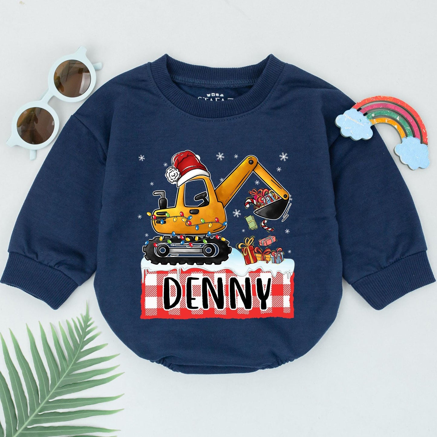 Custom Name Christmas Excavator Romper: Baby's 1st Xmas Outfit Gift