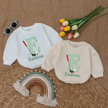 Easton Golf Baby Romper, Custom Name Gingham Letter E Golfing Bodysuit, Newborn Gift, Baby Boy Outfit, Father & Son Clothes