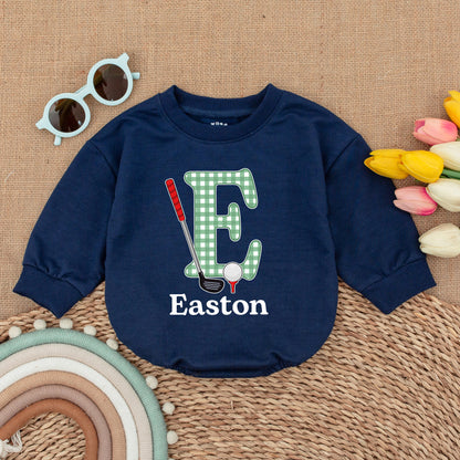 Easton Golf Baby Romper, Custom Name Gingham Letter E Golfing Bodysuit, Newborn Gift, Baby Boy Outfit, Father & Son Clothes