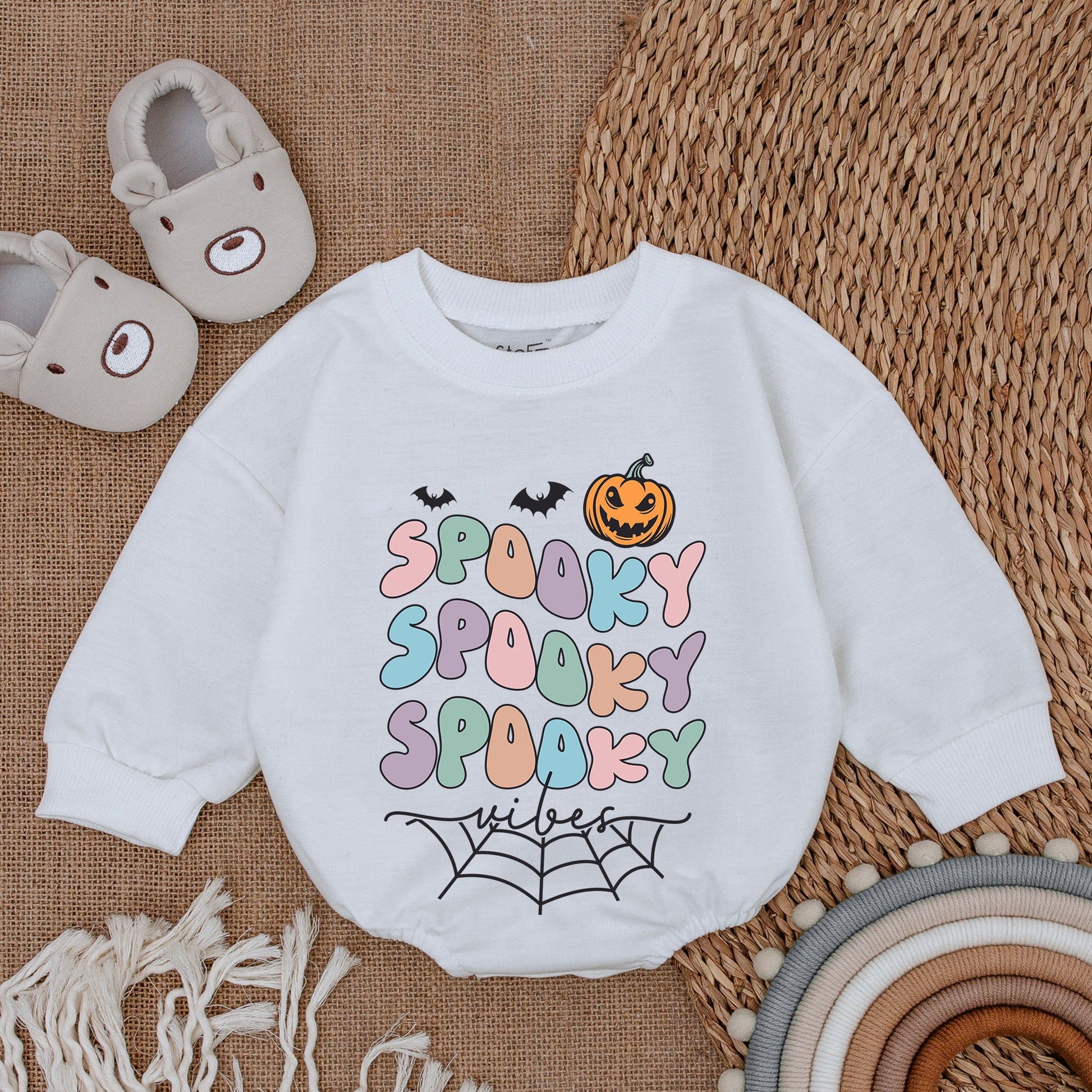 Spooky Bubble Letters Baby Romper Pastel Halloween Outfit First Infant Clothes Whimsical Retro Bats Jack-o-lantern Spiderweb Vibes Pink Blue Green Purple Newborn Bodysuit
