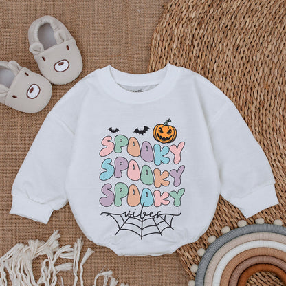 Spooky Bubble Letters Baby Romper Pastel Halloween Outfit First Infant Clothes Whimsical Retro Bats Jack-o-lantern Spiderweb Vibes Pink Blue Green Purple Newborn Bodysuit