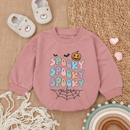 Spooky Bubble Letters Baby Romper Pastel Halloween Outfit First Infant Clothes Whimsical Retro Bats Jack-o-lantern Spiderweb Vibes Pink Blue Green Purple Newborn Bodysuit