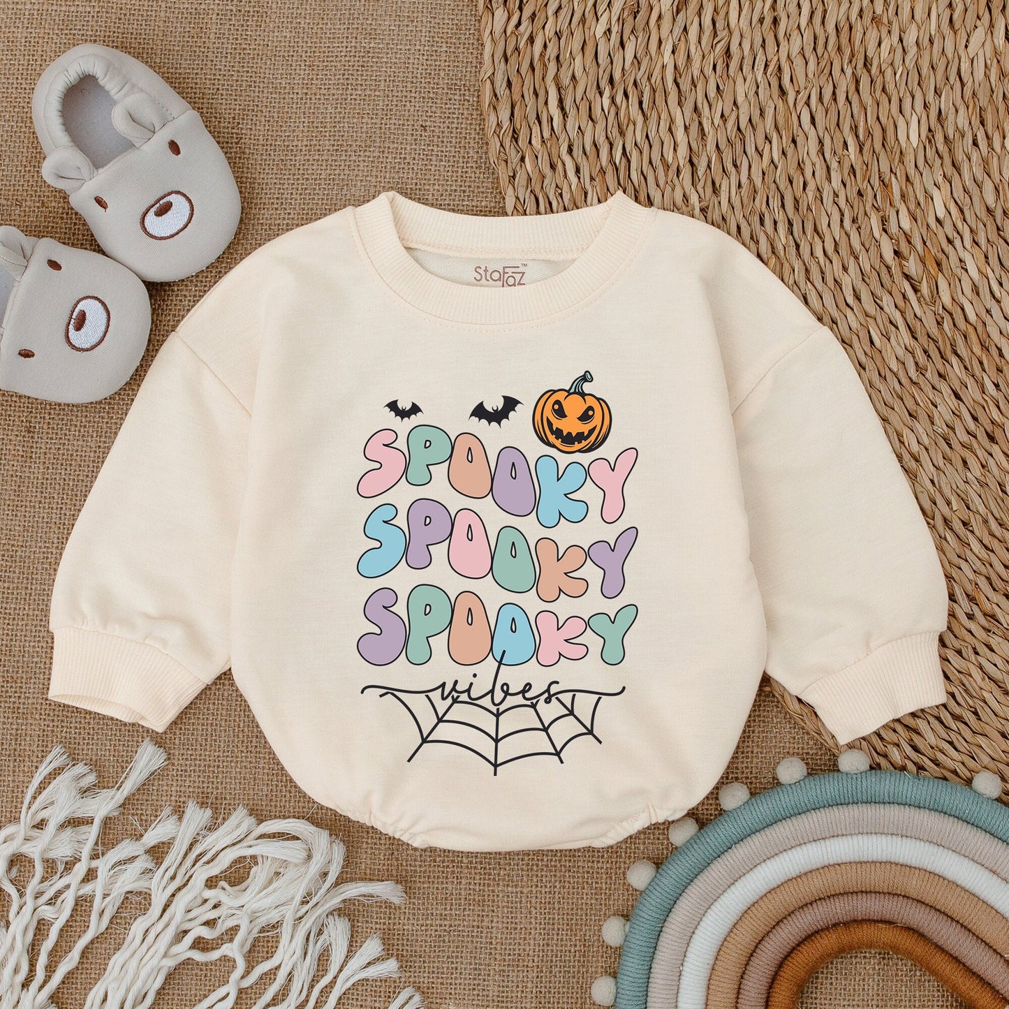 Spooky Bubble Letters Baby Romper Pastel Halloween Outfit First Infant Clothes Whimsical Retro Bats Jack-o-lantern Spiderweb Vibes Pink Blue Green Purple Newborn Bodysuit