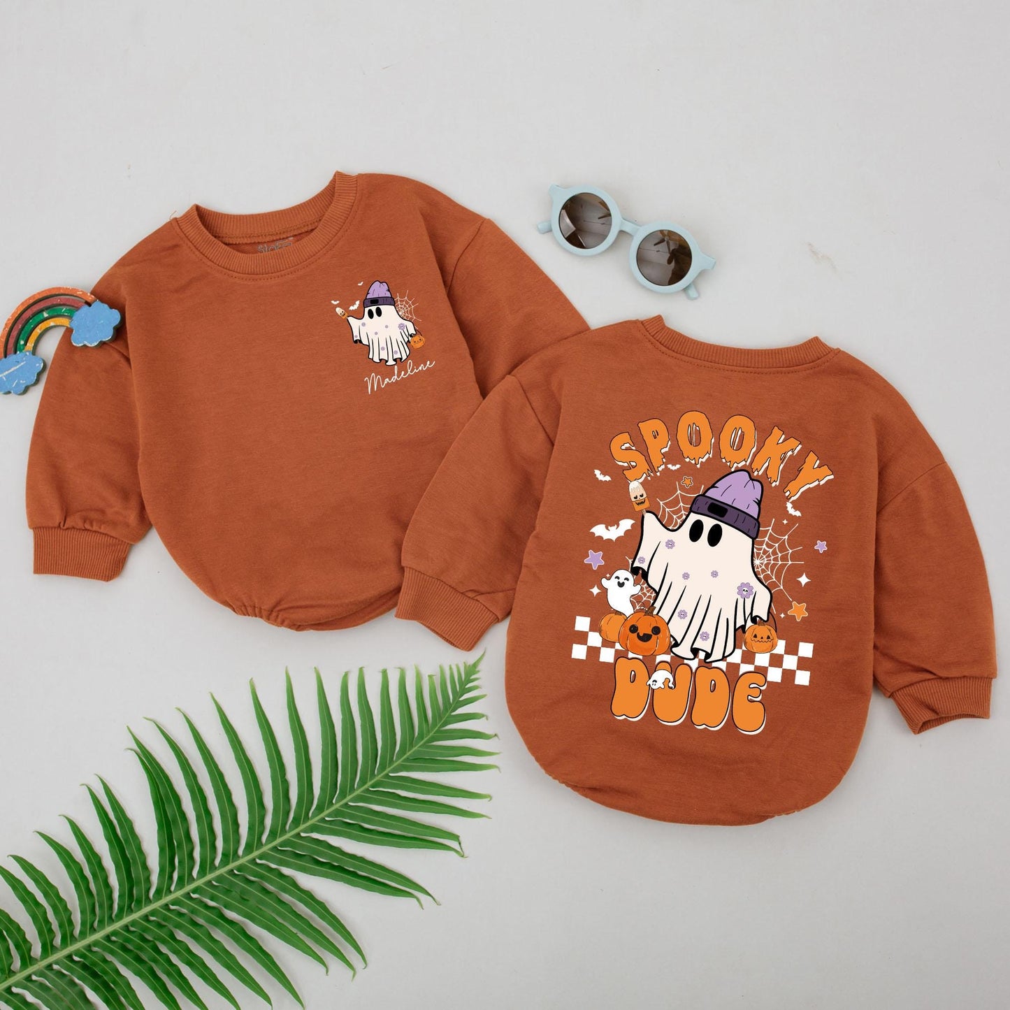 Personalized Spooky Dude Baby Romper Cute Whimsical Halloween Ghosts Pumpkins Bats Design First Birthday Outfit Soft Infant Toddler Bodysuit