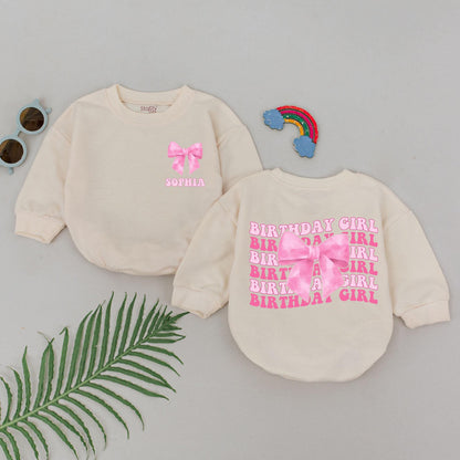 Personalized Pink Bow Birthday Girl Romper First Birthday Baby Outfit Sophia Bodysuit Bubble Romper Newborn Girls Baby Shower Gift