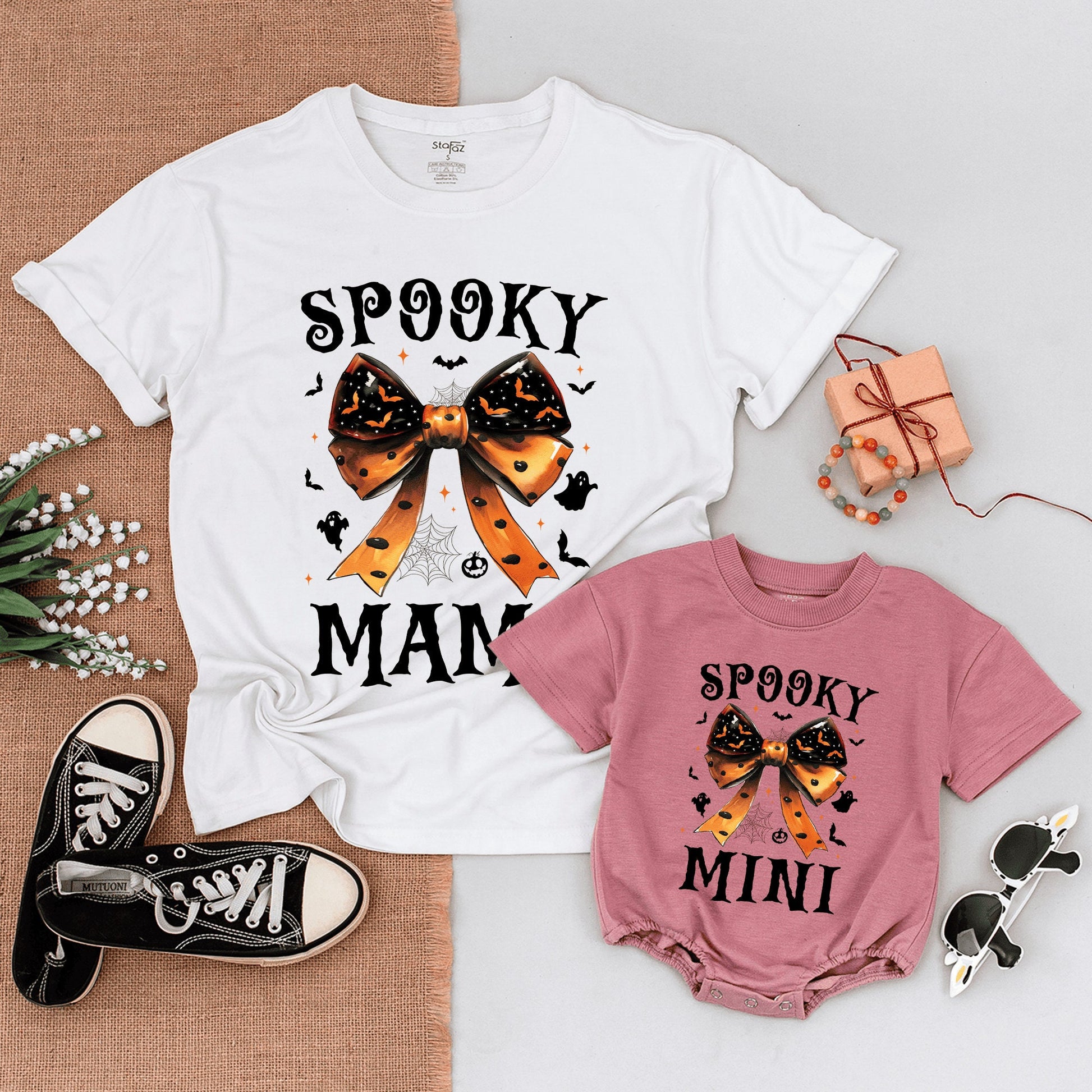 Retro Halloween Mommy & Me Outfits, Baby Bodysuit & Bow Tie Set