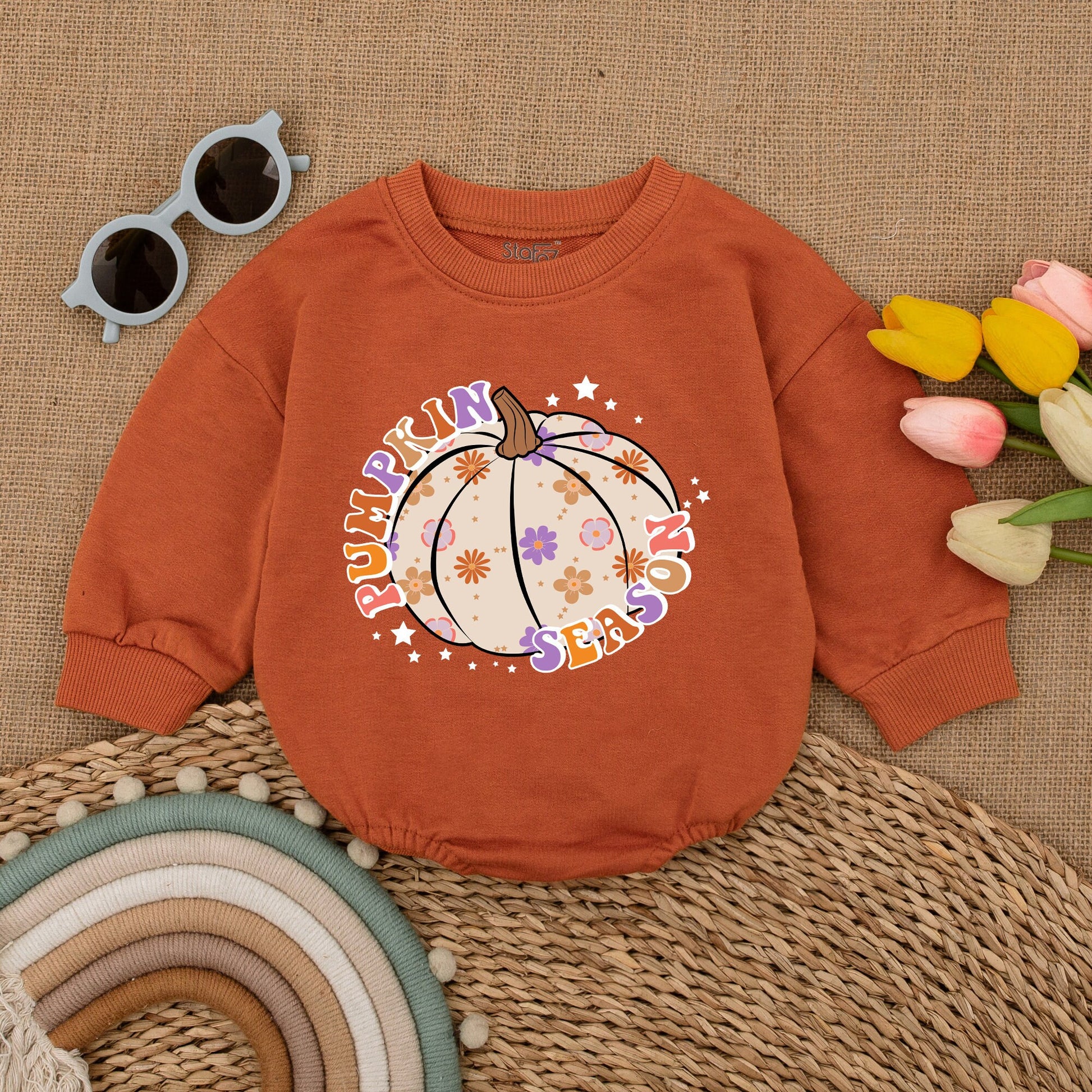Autumn Pumpkin Baby Romper: Floral Fall Outfit for Halloween Fun