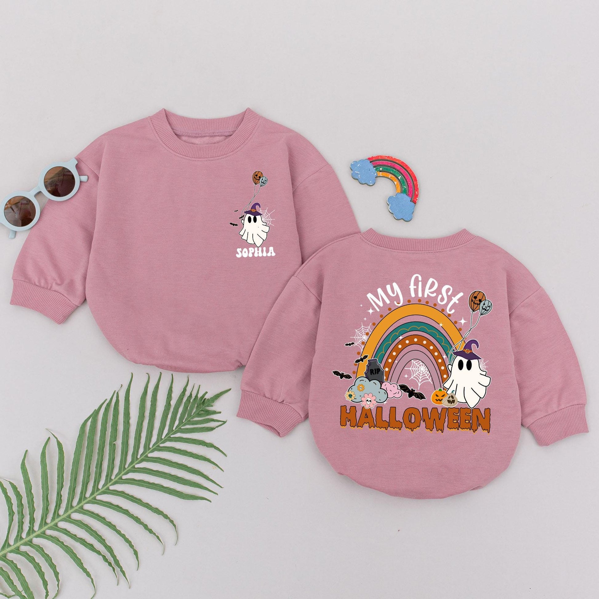 My First Halloween Baby Romper Personalized, Cute Spooky Season Newborn Outfit, Pastel Rainbow Ghost Design, Fun 1st Halloween Gift for Baby Girl 138