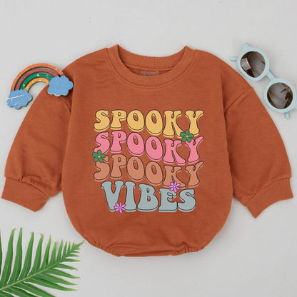 Retro Groovy Spooky Vibes Baby Romper First Halloween Newborn Outfit Girls Boys, Yellow Pink Orange Blue Flower Accents Cute Fall Baby Shower Gift