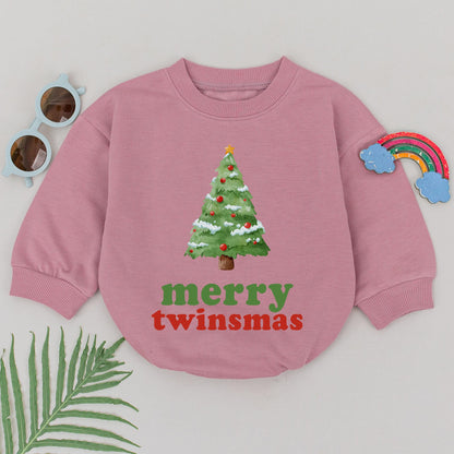 Adorable Twin Baby Girl Christmas Romper featuring Watercolor Tree Merry Twinsmas Print Newborn First Holiday Outfit Shower Gift
