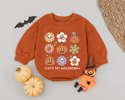 Let's Get Halloweird Baby Romper Retro Flower Pumpkin Skull Halloween Groovy Infant Bodysuit Cute Spooky Fall Baby Shower Gift Clothes