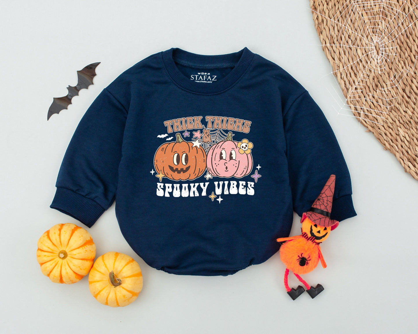Thick Thighs Spooky Vibes Baby Romper, Retro Halloween Infant Bodysuit, Cute Pumpkin Spiderweb Design, Funny Spooky Vibes Baby Gift
