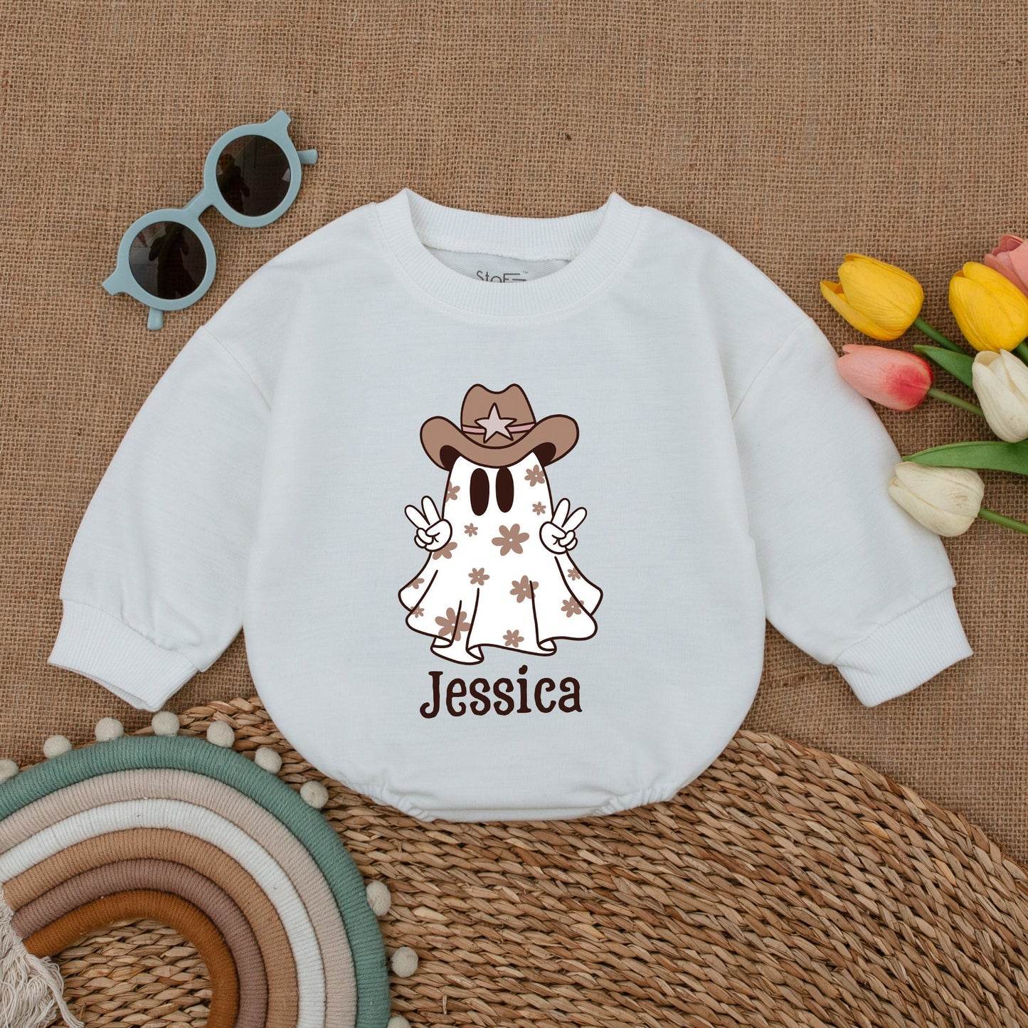 Cowgirl Ghost Baby Romper - Personalized Halloween & Fall Outfit