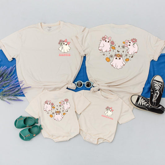 Matching Auntie's Girl Ghost Halloween Shirts: Pastel Bow & Pumpkin Design Spooky Family Outfits, Custom Kids' Gifts, Cozy Season