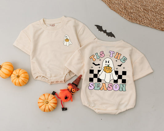Tis The Season Halloween Romper Cute Ghost Bodysuit Retro Baby Outfit Peach Pink Teal Lilac Checkered First Halloween Costume Gift 1st Birthday Fall Outfit (140)