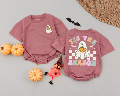 Tis The Season Halloween Romper Cute Ghost Bodysuit Retro Baby Outfit Peach Pink Teal Lilac Checkered First Halloween Costume Gift 1st Birthday Fall Outfit (140)