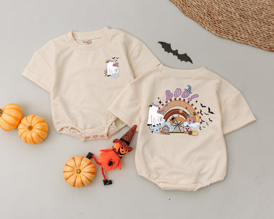 Vintage Ghost Romper Baby Outfit, My First Halloween Retro Boo! Bodysuit, Cute Pastel Rainbow Bats, Tombstone, Spiderweb, Halloween Costume Gift (136 chars)