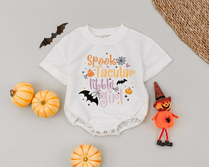 My 1st Halloween Romper Spooktacular Little Girl Outfit, Cute Halloween Baby Bodysuit, Orange Black Lavender Bats Pumpkins Stars First Fall Costume 138