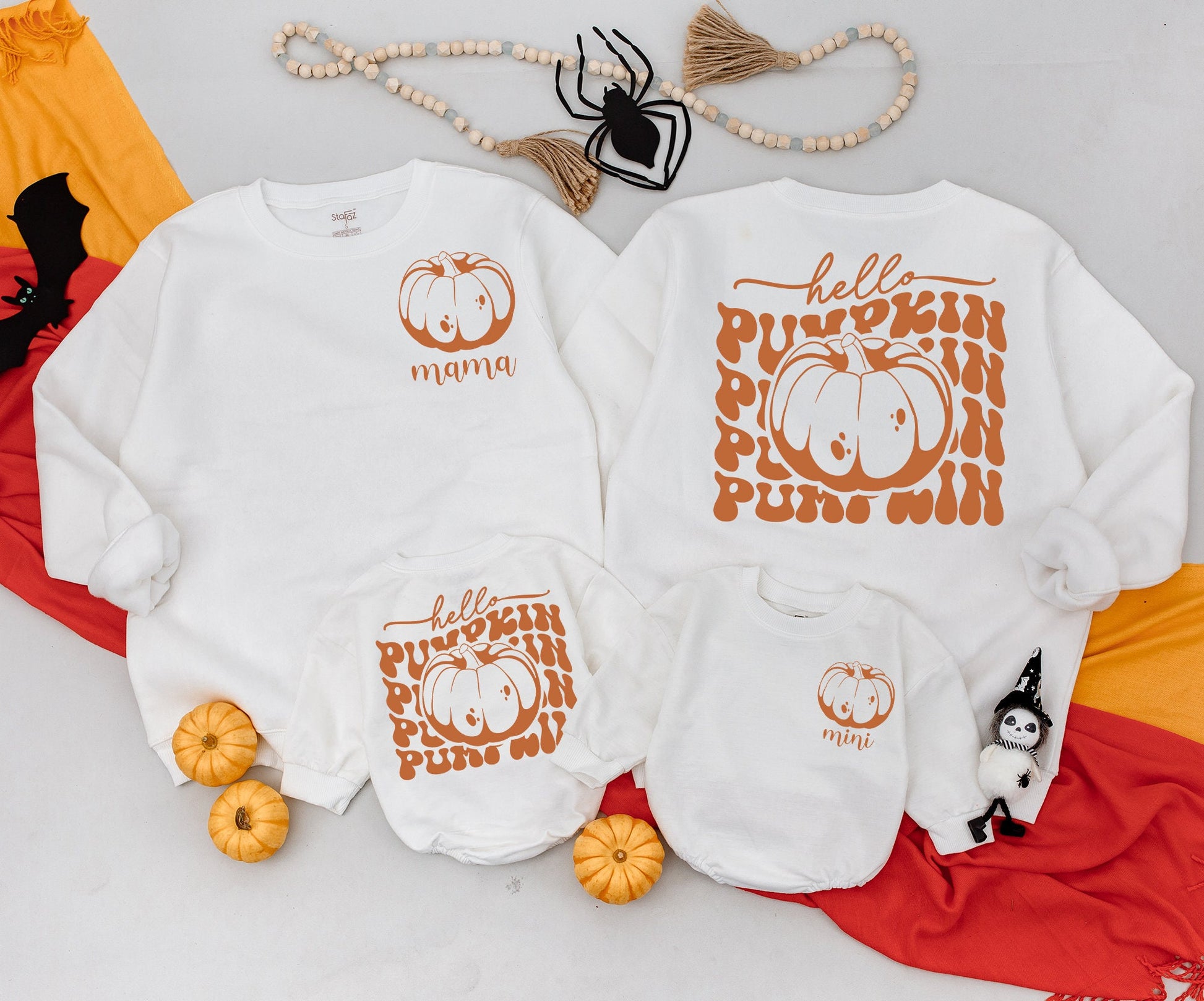 Playful Retro Hello Pumpkin Mama and Me Matching Fall Sweatshirt Romper Outfit Toddler Baby Kid Autumn Vintage Orange White