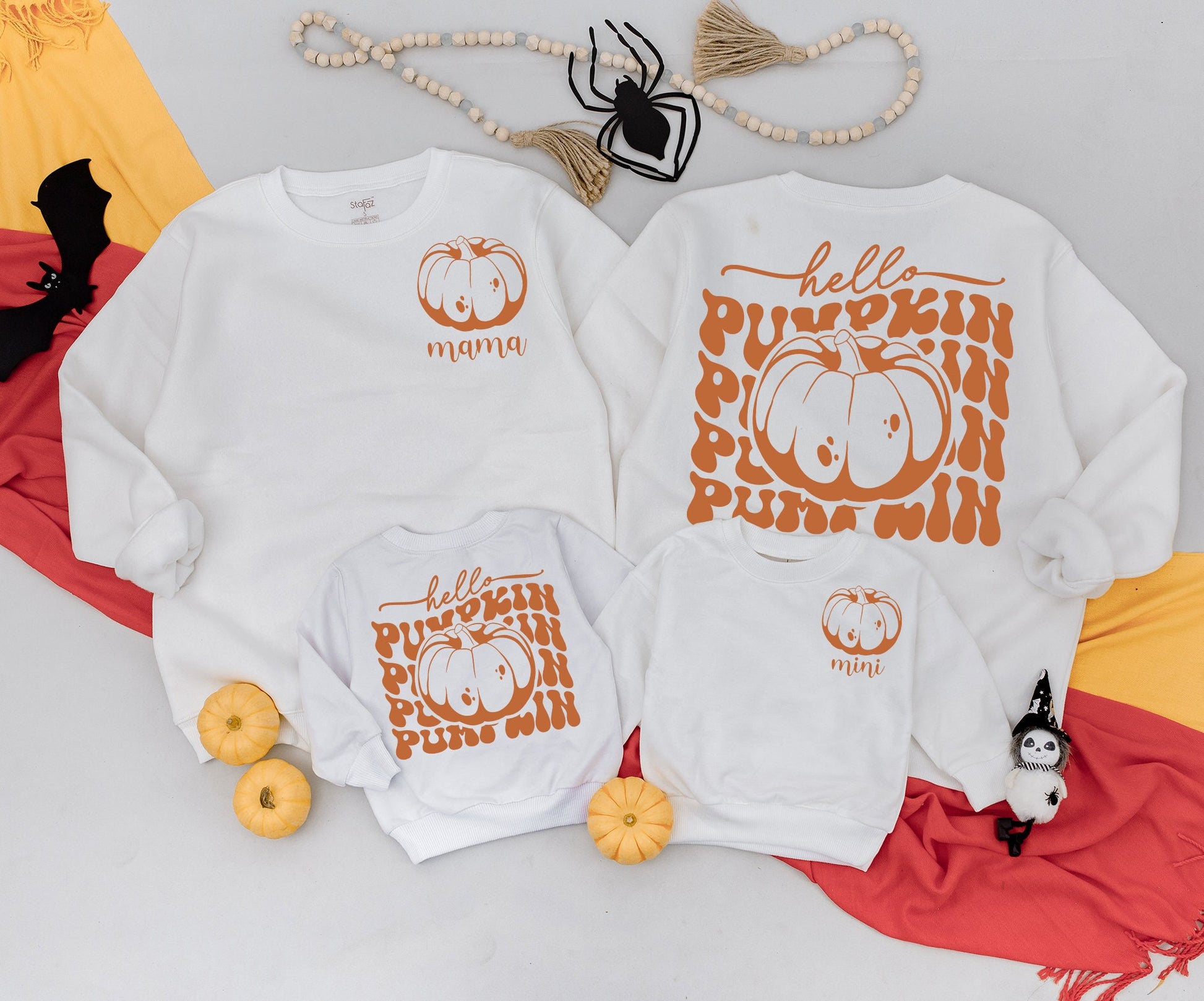 Playful Retro Hello Pumpkin Mama and Me Matching Fall Sweatshirt Romper Outfit Toddler Baby Kid Autumn Vintage Orange White