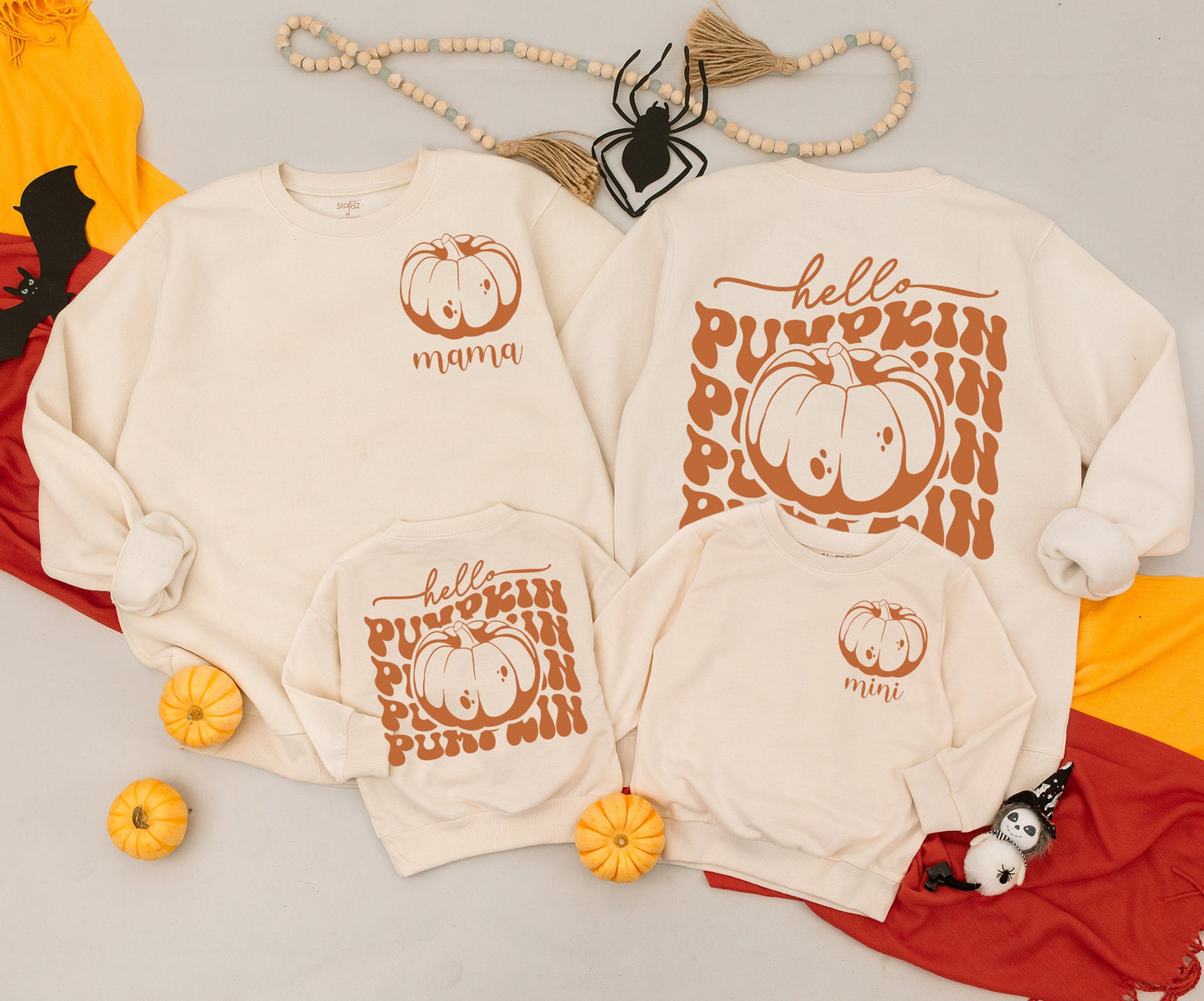 Playful Retro Hello Pumpkin Mama and Me Matching Fall Sweatshirt Romper Outfit Toddler Baby Kid Autumn Vintage Orange White