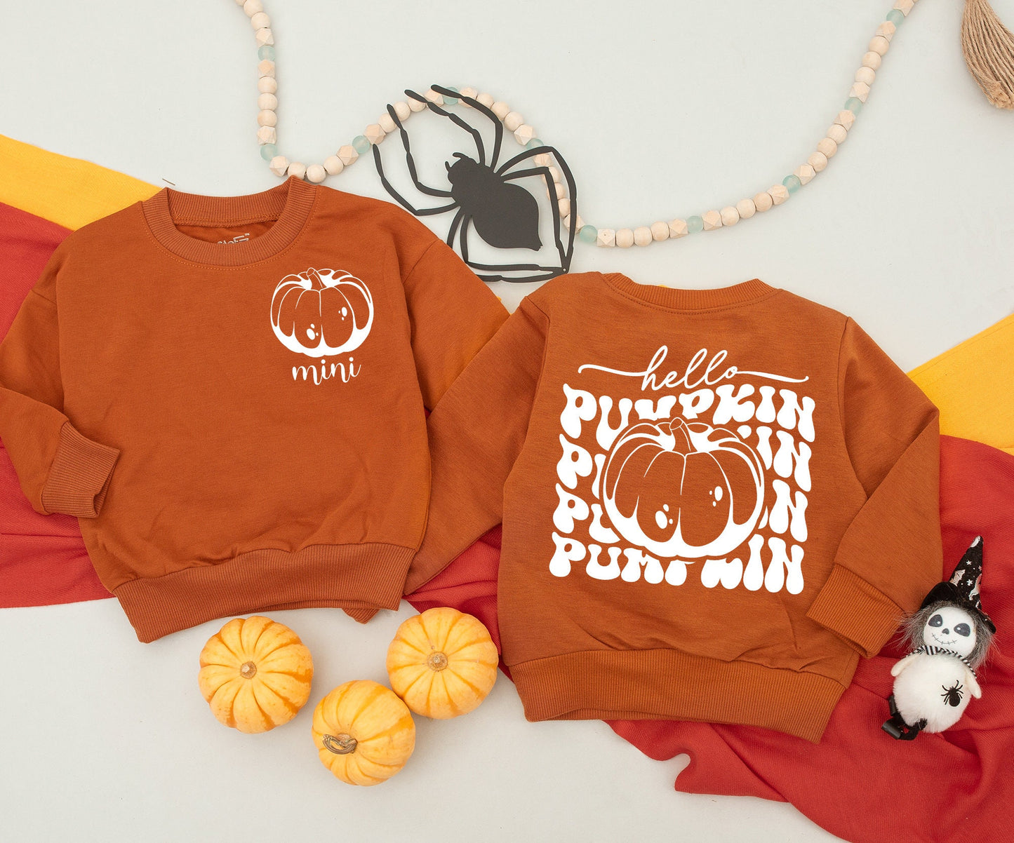 Playful Retro Hello Pumpkin Mama and Me Matching Fall Sweatshirt Romper Outfit Toddler Baby Kid Autumn Vintage Orange White