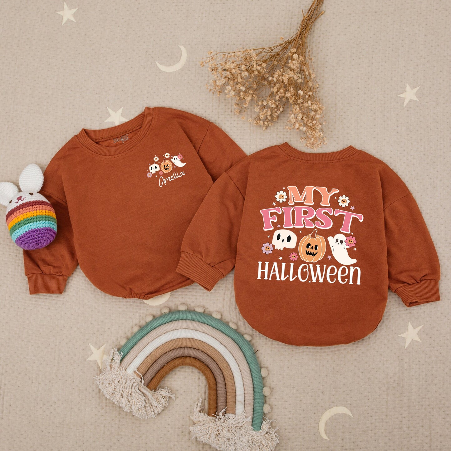 Personalized My First Halloween Baby Romper Ghost Pumpkin Skull Outfit, Baby Girl Boy Costume Fall Clothes, Spooky Season