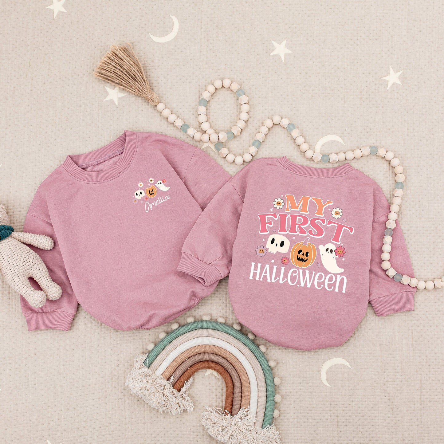 Personalized My First Halloween Baby Romper Ghost Pumpkin Skull Outfit, Baby Girl Boy Costume Fall Clothes, Spooky Season