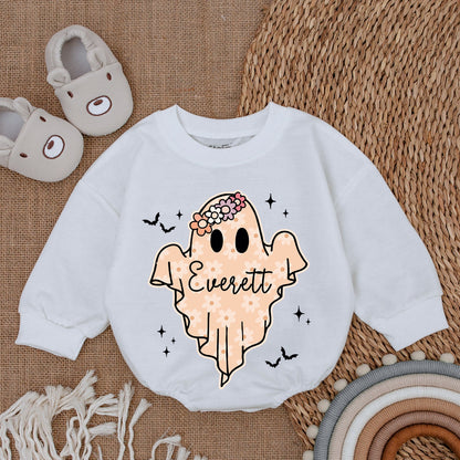 Everett Ghost Daisy Halloween Baby Bodysuit First Fall Outfit Cute Ghostly Girl Romper White Stars Bats