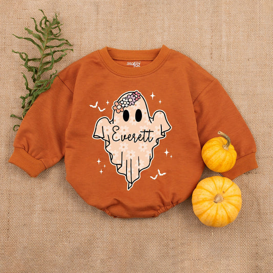 Everett Ghost Daisy Halloween Baby Bodysuit First Fall Outfit Cute Ghostly Girl Romper White Stars Bats