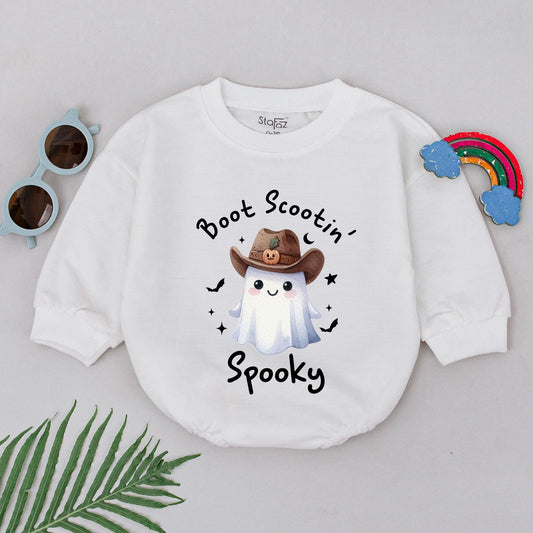 Boot Scootin' Spooky Ghost Romper, First Halloween Outfit, Cute Cowboy Baby Bodysuit, Western Newborn Girl Clothes, Halloween Party Costume 135