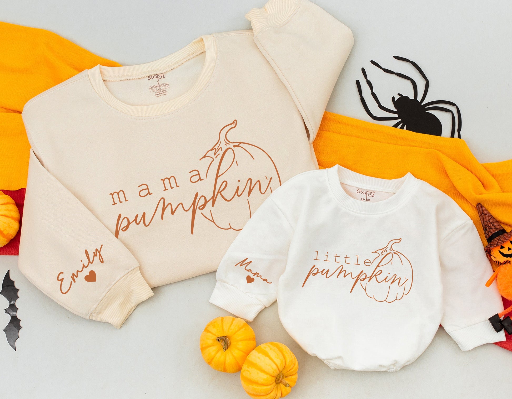 Custom Mama Little Pumpkin Matching Fall Outfit Set with Name & Heart, Brown Handwritten Sweatshirt & Baby Romper, Cute Festive Gift