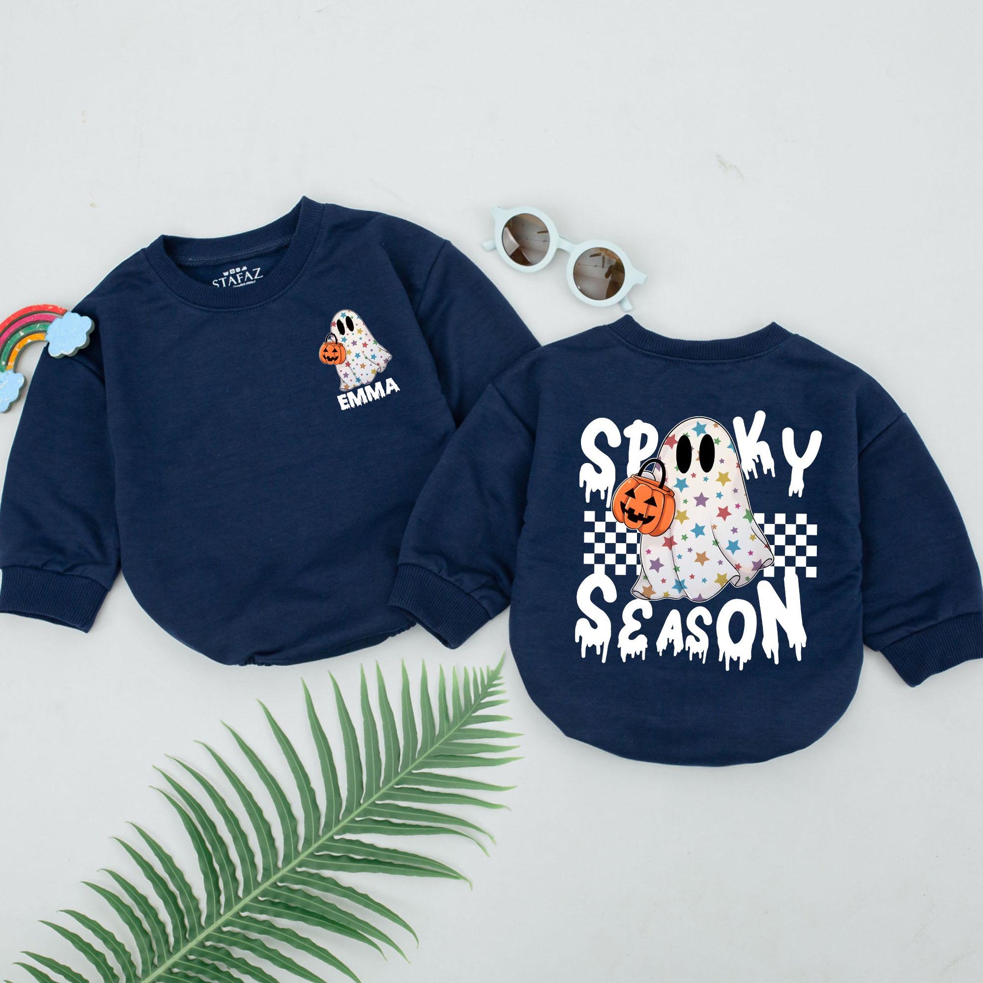 Personalized Spooky Season Baby Romper with Star Ghost Jack-o'-Lantern Checkered Design First Halloween Outfit Shower Gift Newborn Girls Boys