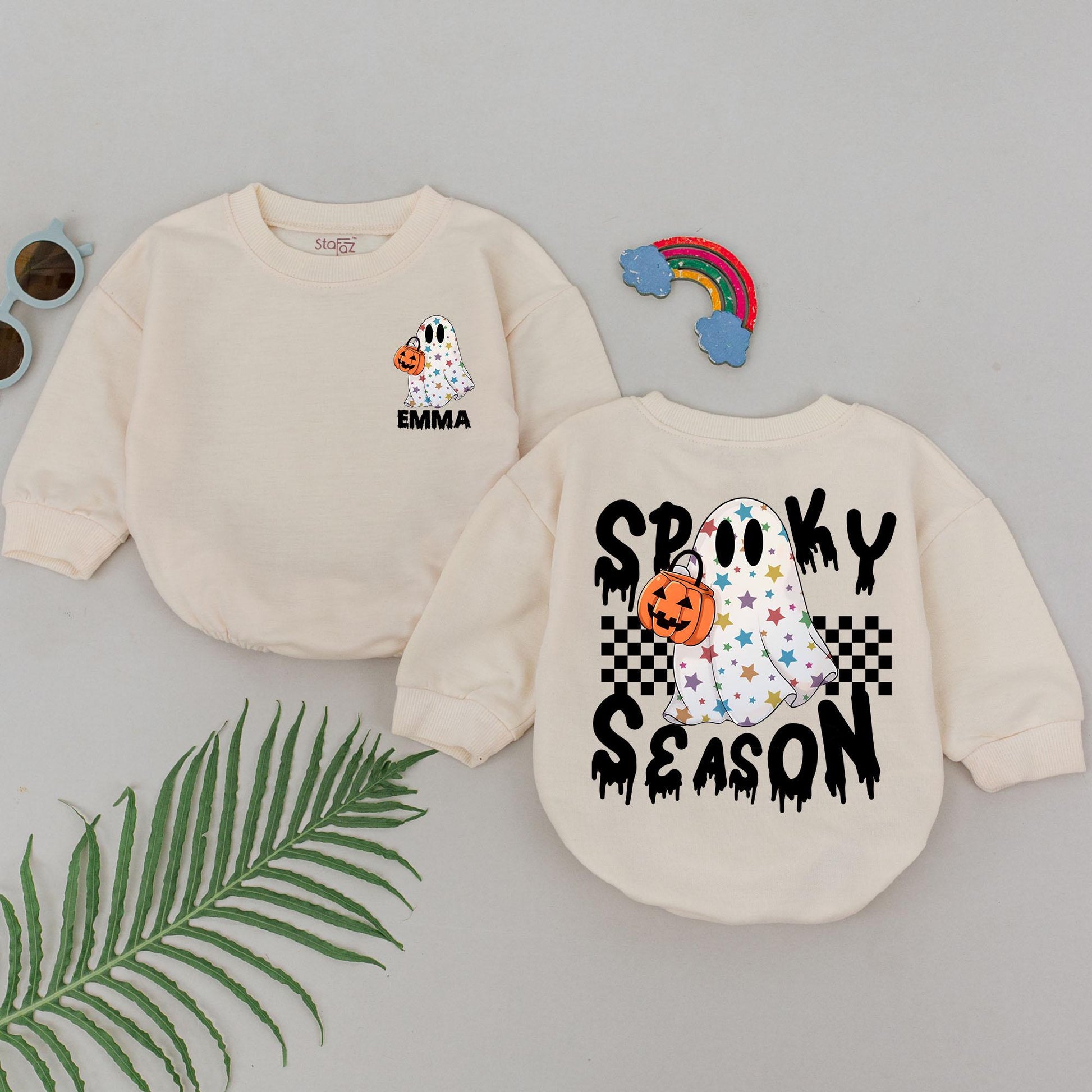 Personalized Spooky Season Baby Romper with Star Ghost Jack-o'-Lantern Checkered Design First Halloween Outfit Shower Gift Newborn Girls Boys