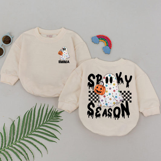 Personalized Spooky Season Baby Romper with Star Ghost Jack-o'-Lantern Checkered Design First Halloween Outfit Shower Gift Newborn Girls Boys