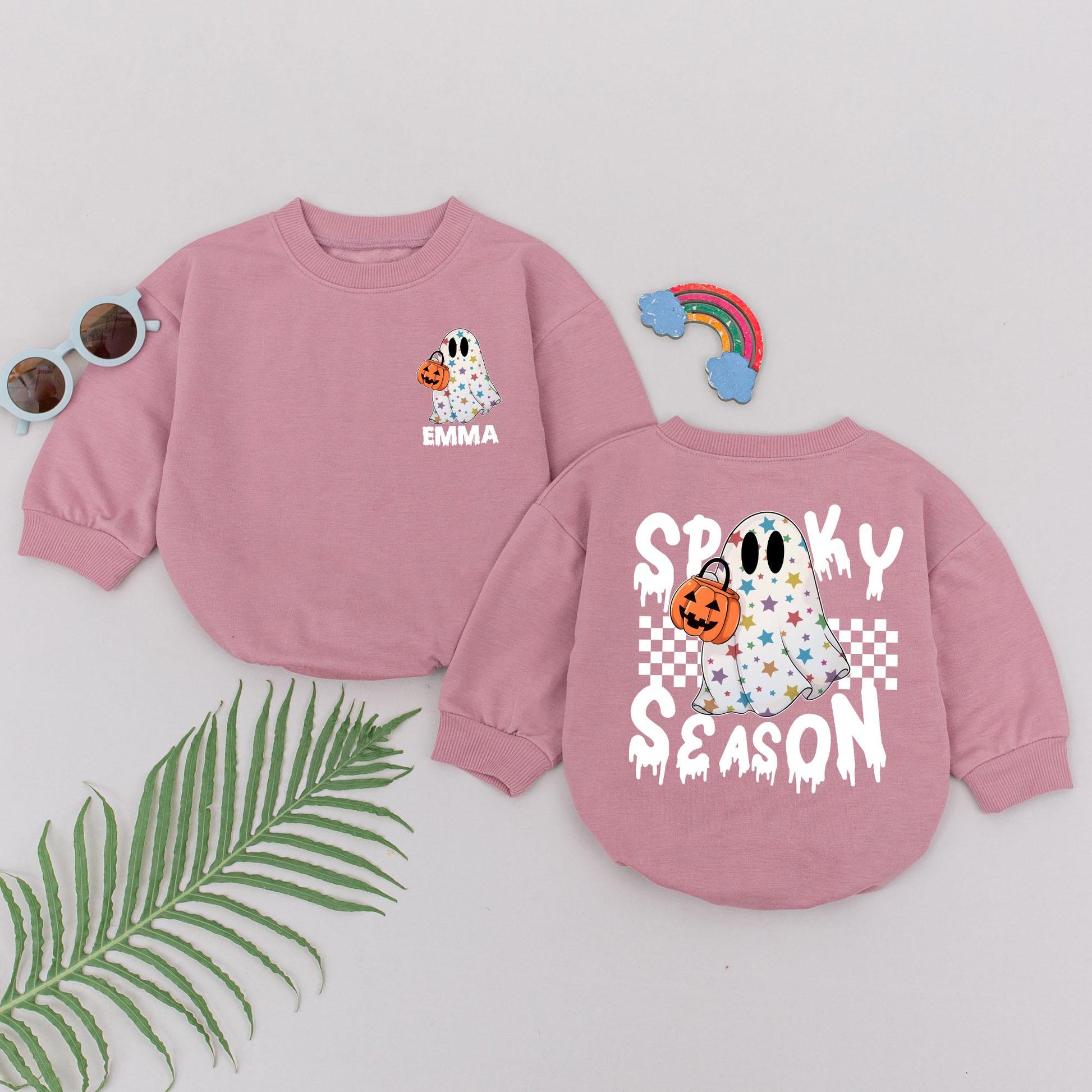 Personalized Spooky Season Baby Romper with Star Ghost Jack-o'-Lantern Checkered Design First Halloween Outfit Shower Gift Newborn Girls Boys