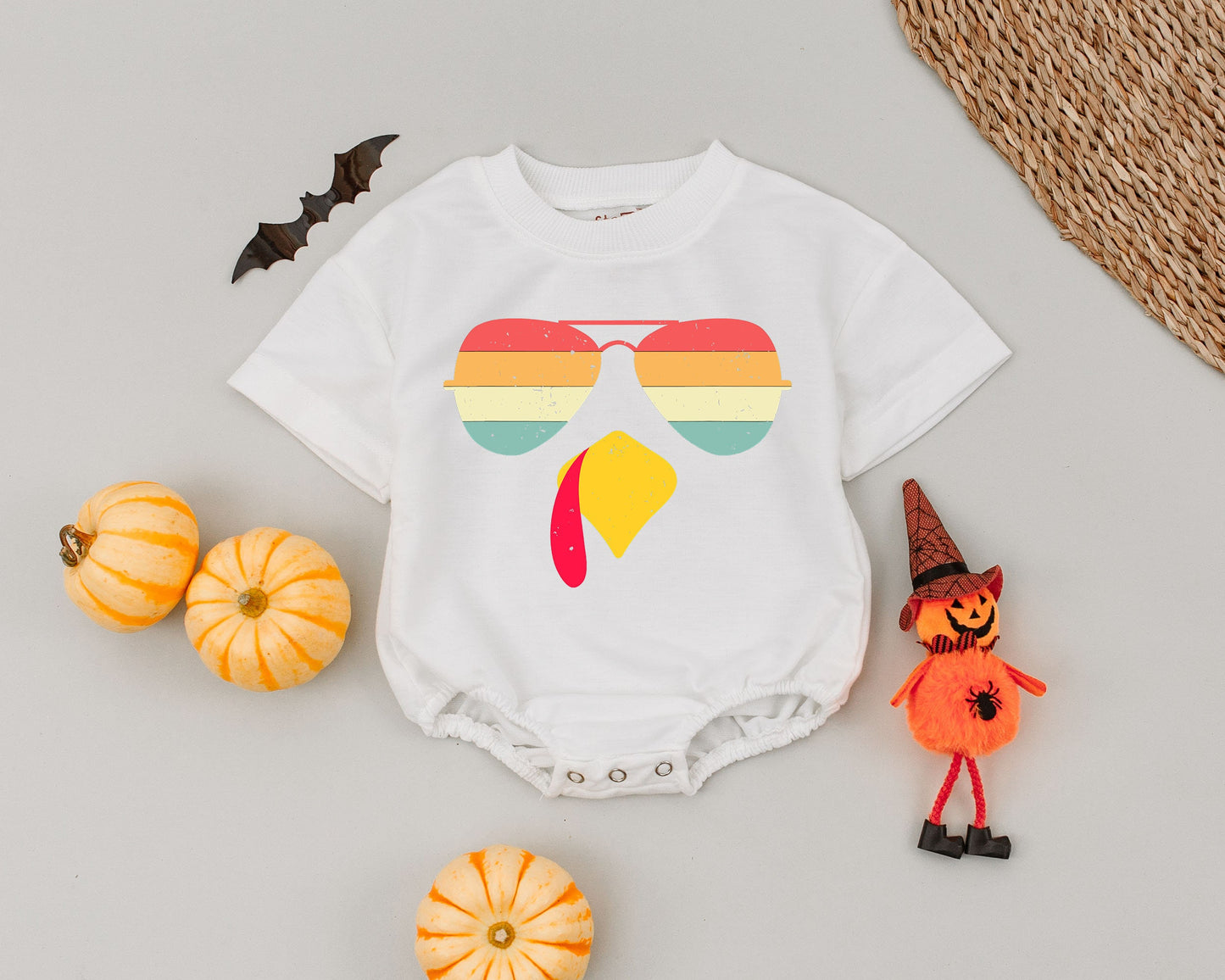 Retro Turkey Baby Romper, First Thanksgiving Outfit with Sunglasses